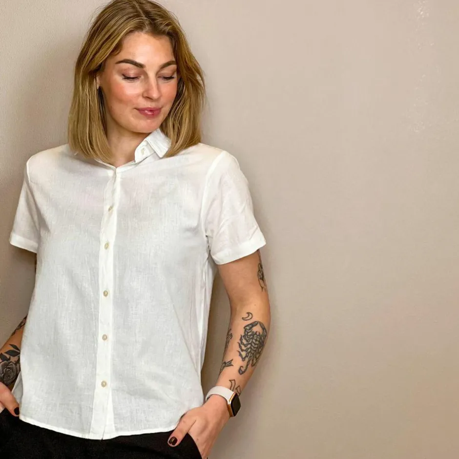 Hot Steenholt Linett Dame Kortærmet skjorte i hørmix - Bright White